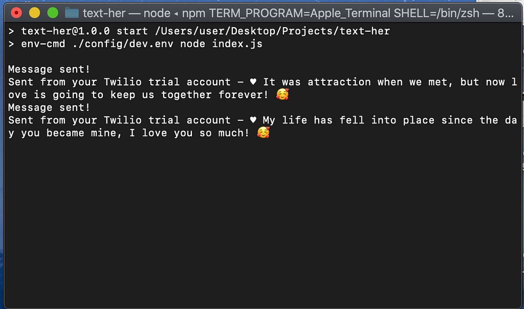 Snapshot of my terminal running text-her
