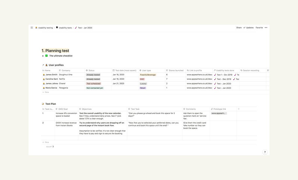 Screenshot of the first step: Planning the test. Includes checklist, users table and test plan