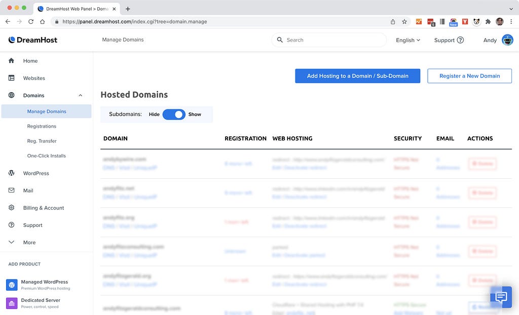 Screenshot of DreamHost Hosted Domains admin panel