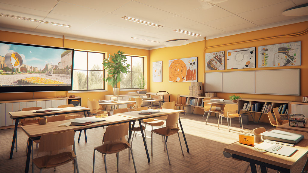 A bright, modern classroom with yellow walls, wood desks, and a large digital screen displaying a sunny landscape. Educational posters adorn the walls, and large windows let in natural light, creating a welcoming learning environment.