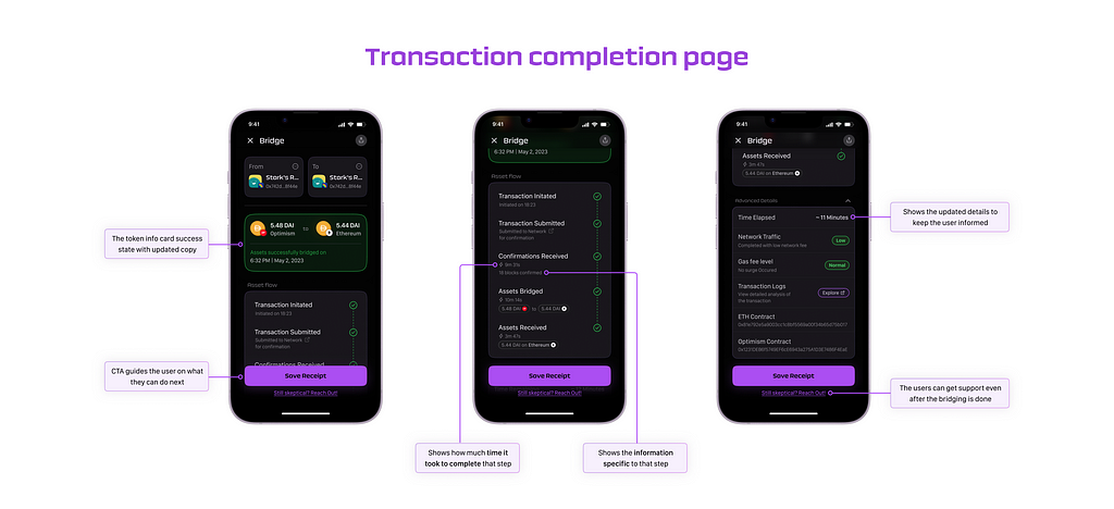 UI designs of Transaction Completion page