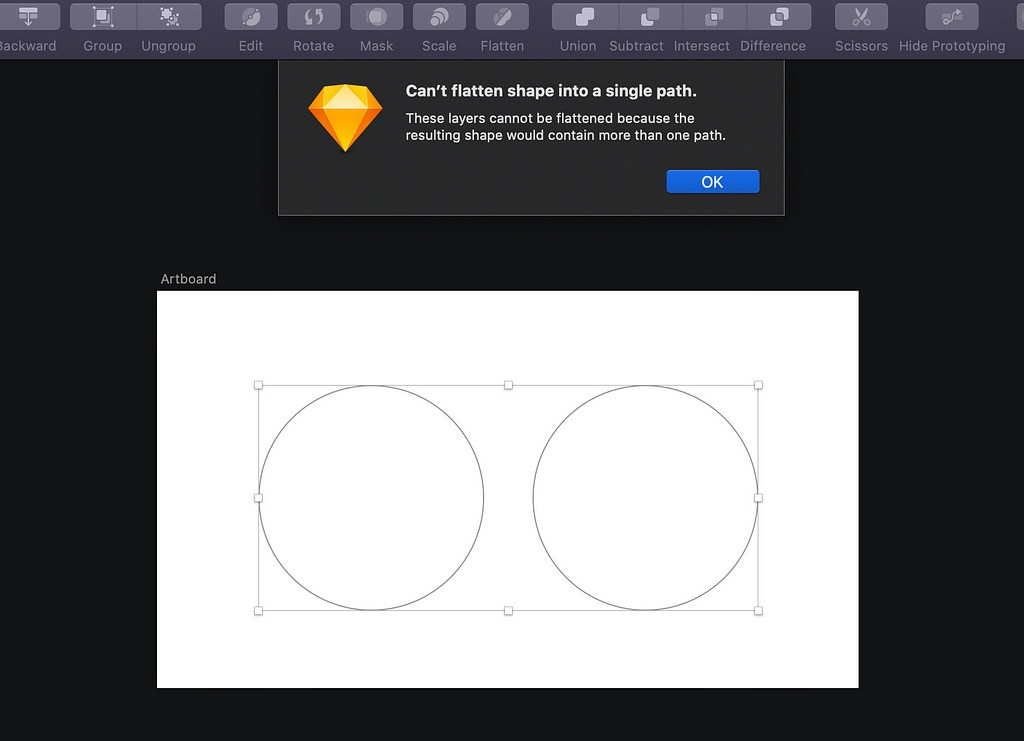 An attempt to flatten two circles that don’t intersect. We get an error since Sketch can’t flatten the shape into one path.