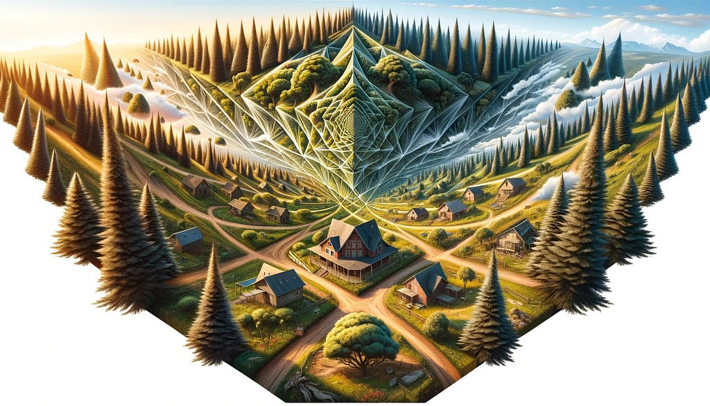 Here is an image depicting a landscape with trees, houses, and natural scenery, rendered in a six-point perspective. The scene combines realism with the complex and surreal attributes of six-point perspective, showcasing elements like trees and houses that twist and extend in multiple directions.
