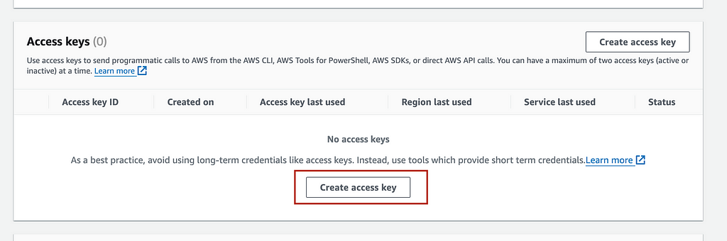 Access keys section in AWS Console, the button with text ‘Create access key’ is marked in a red box