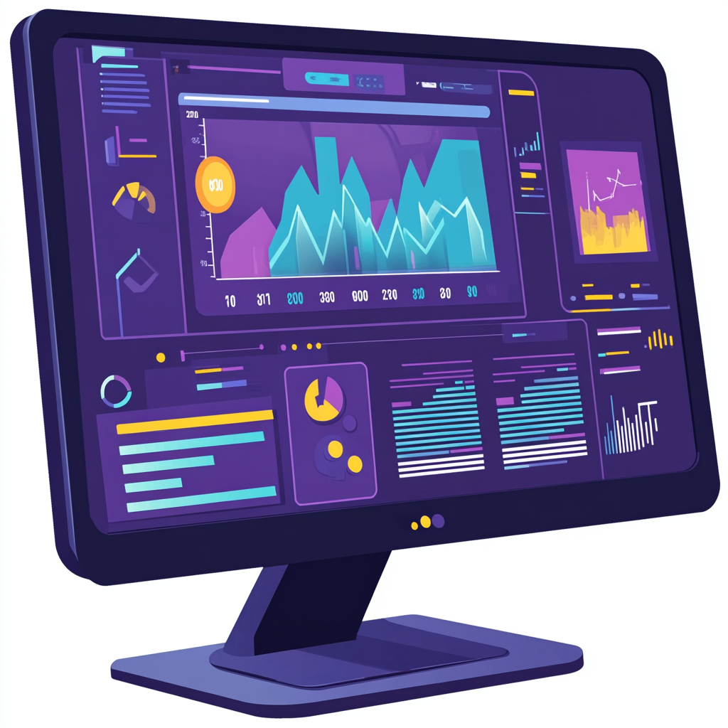 A black computer screen showing a data dashboard — lots of charts in neon colours.