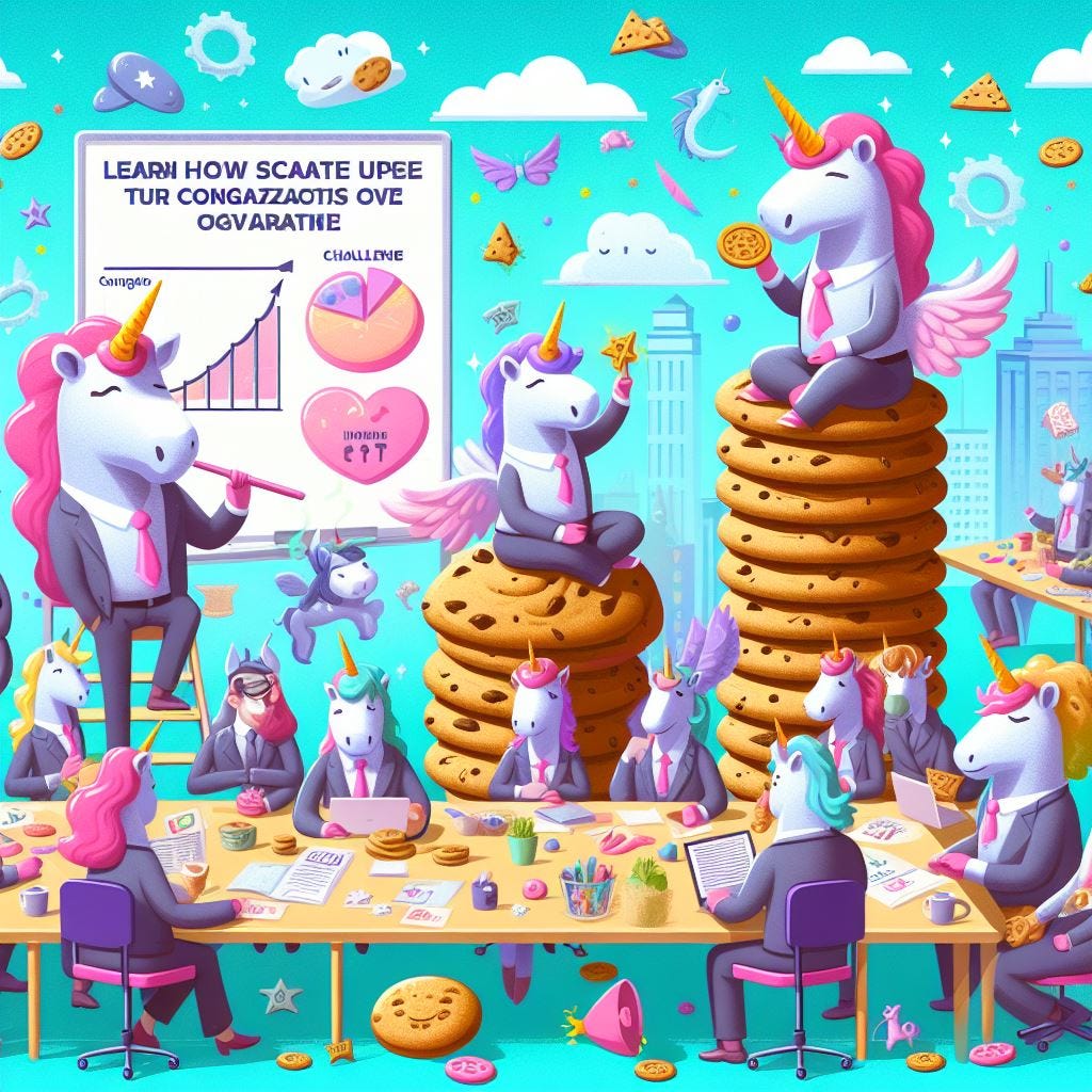 Unicorns in suits sit on cookies — AI-generated image