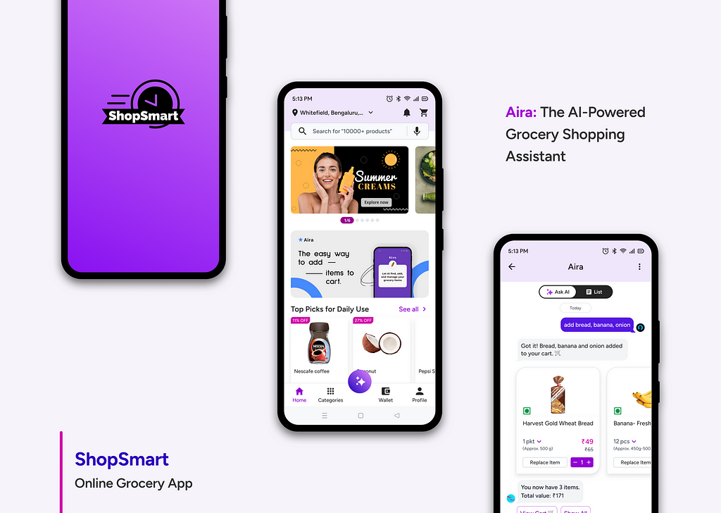 ShopSmart app header image with AIRA AI feature and three mockups: the starting page with the app icon, home page, which shows a variety of products and categories, and Aira feature page, which shows a user interacting with the AI assistant.