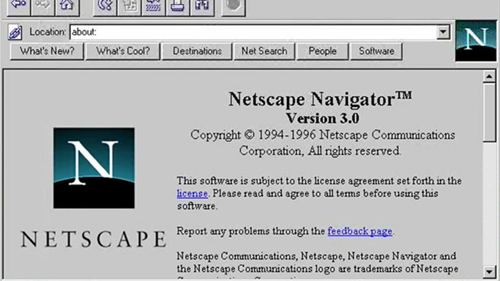 The 1990s Netscape Navigator internet user interface.