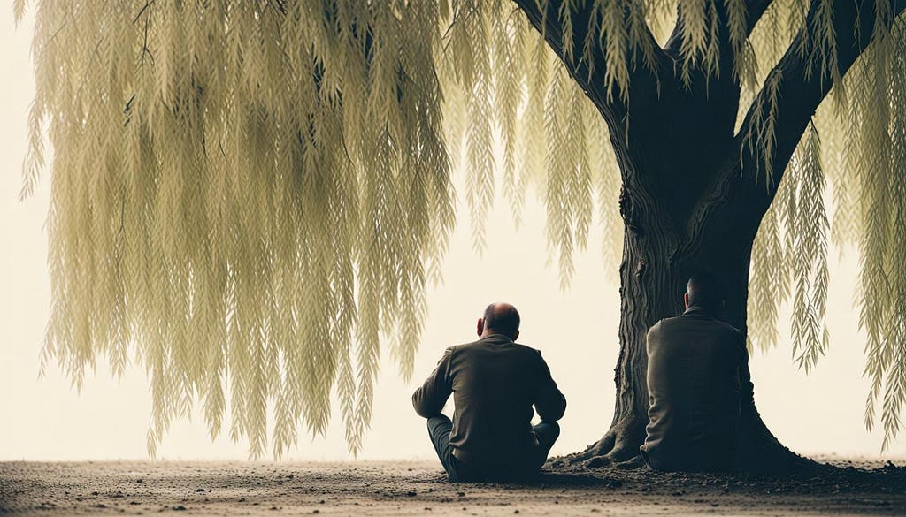 sad man sitting beneath willow tree