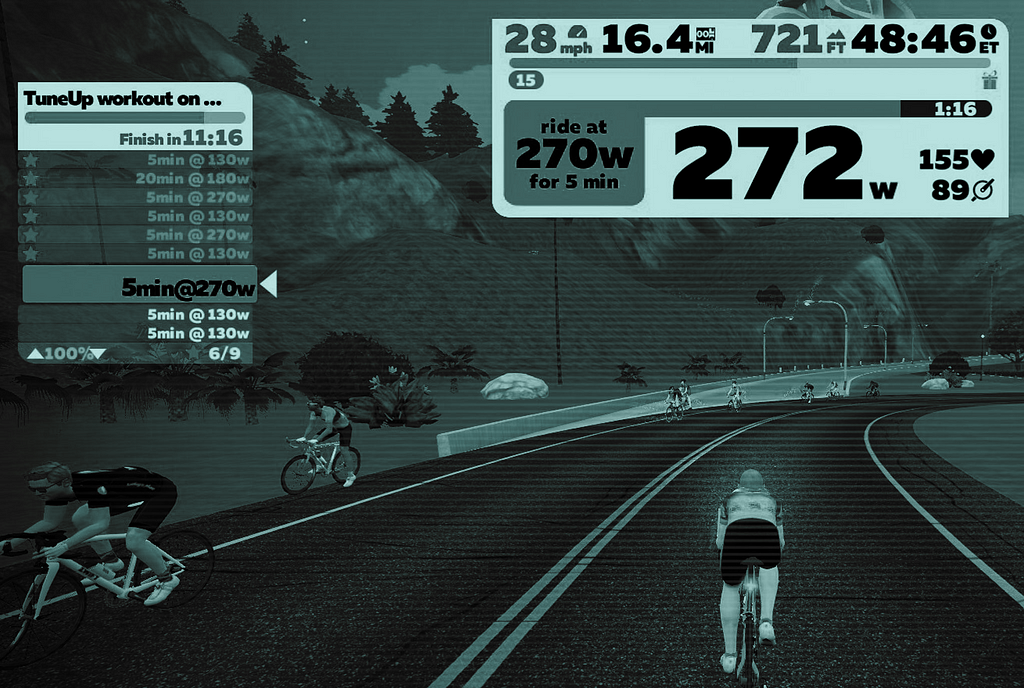 A stylised screenshot from a ride in the Zwift universe