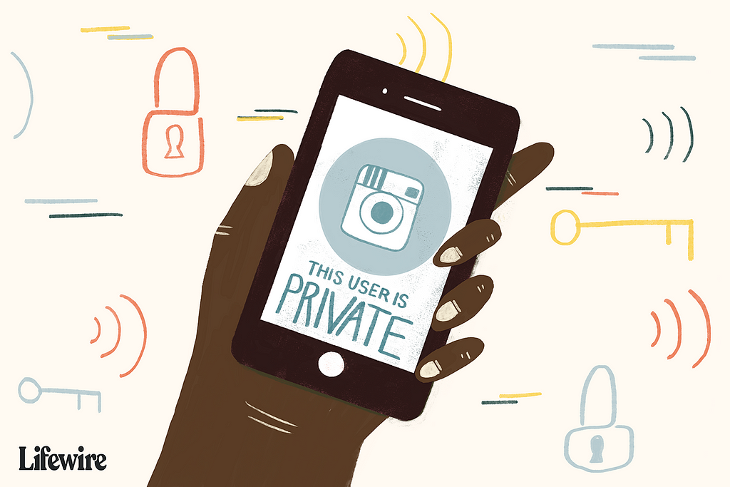 Illustration of a hand holding a cell phone. The cell phone screen shows the Instagram logo and reads, “This user is PRIVATE.”