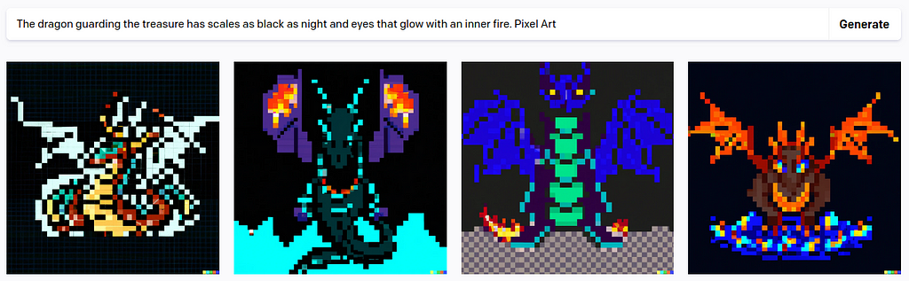 Screenshot of the DALL-E generation output for the following prompt: “The dragon guarding the treasure has scales as black as night and eyes that glow with an inner fire. Pixel Art”. It returned 4 generated images of the dragon, but in a aesthetic similar to 8-bit RPG games from the NES.