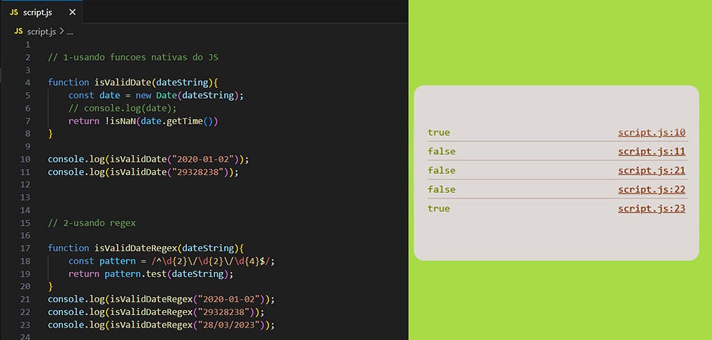 Tela do visual studio code e códigos javascript para validar data.