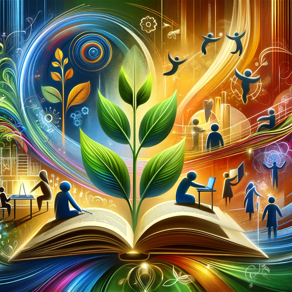 Abstract cover image depicting continuous learning in a corporate setting. Features an open book, a flourishing plant symbolizing growth, and abstract figures engaged in learning activities such as reading, discussing, and using computers. The background is vibrant and dynamic, embodying innovation and progress, in a modern and professional style suitable for a corporate article.
