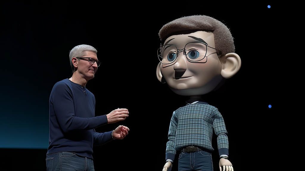 Midjourney prompt: “medium-full shot of Apple’s CEO chatting with an Avatar on an iPhone, Avatar is Tim Cooks Alter Ego designed by Pixar, Apple Park‘s Keynote stage, high resoltion textures and detailed skin texture, 85mm lens with 1:1.2, side-angle view, 4k — ar 16:9 — stylize 1000 — v 5”