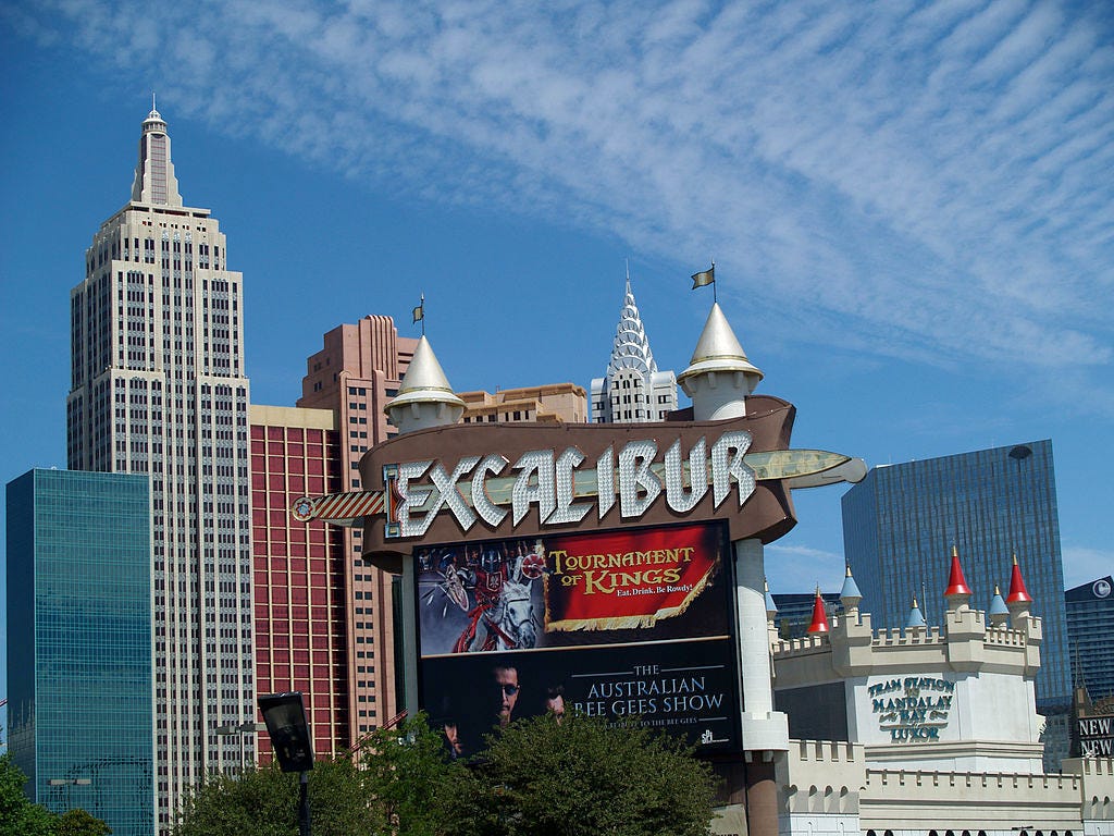 The Excalibur sign and videoboard promoting shows like the Tournament of Kings and The Australian Bee Gees.