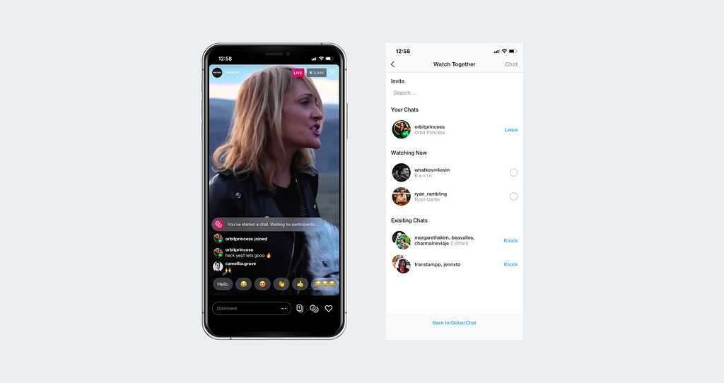 Left: The user has initiated a private chat during the live stream. Right: Changes to Watch Together after starting a chat