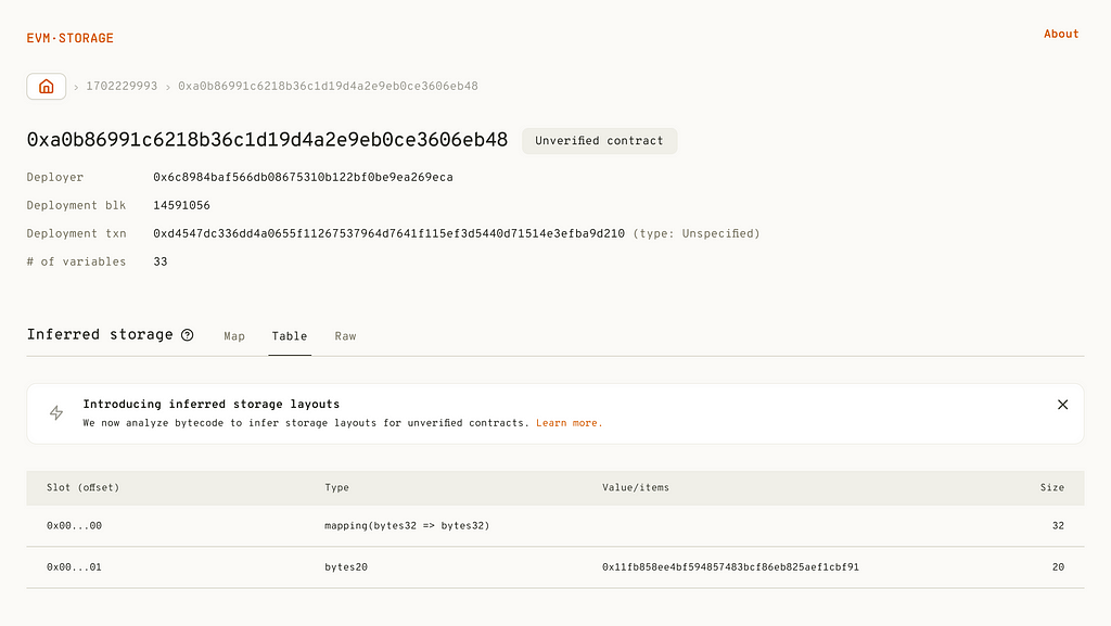 An image of an unreleased feature for evm.storage that shows an inferred storage layout for an unverified contract.