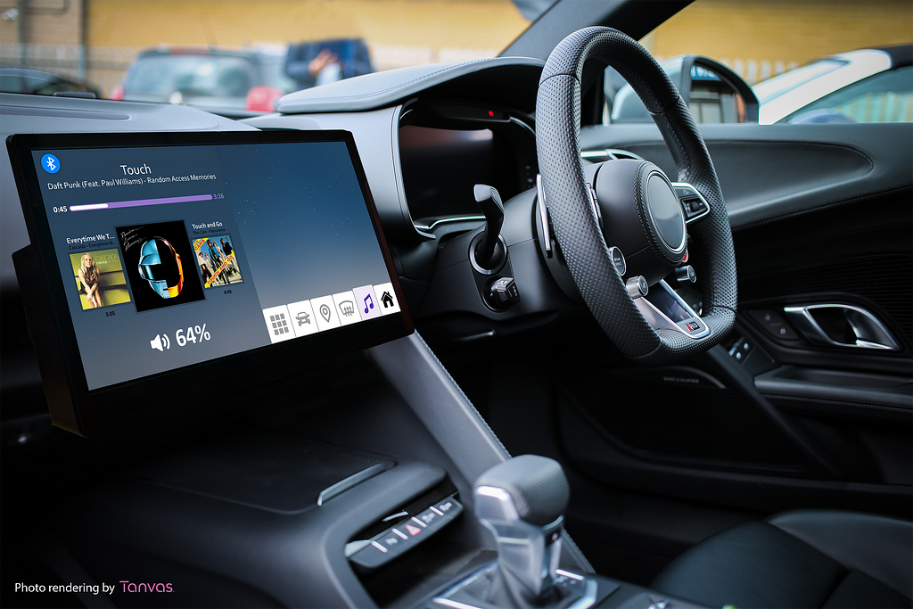 Automotive dashboard with music controls displaying how TanvasTouch surface haptics can be felt without looking