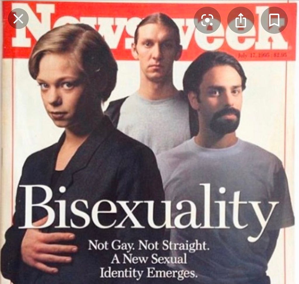 Newsweek cover from July 17, 1995 stating “Bisexuality: Not Gay. Not Straight. A New Sexual Identity Emerges.”