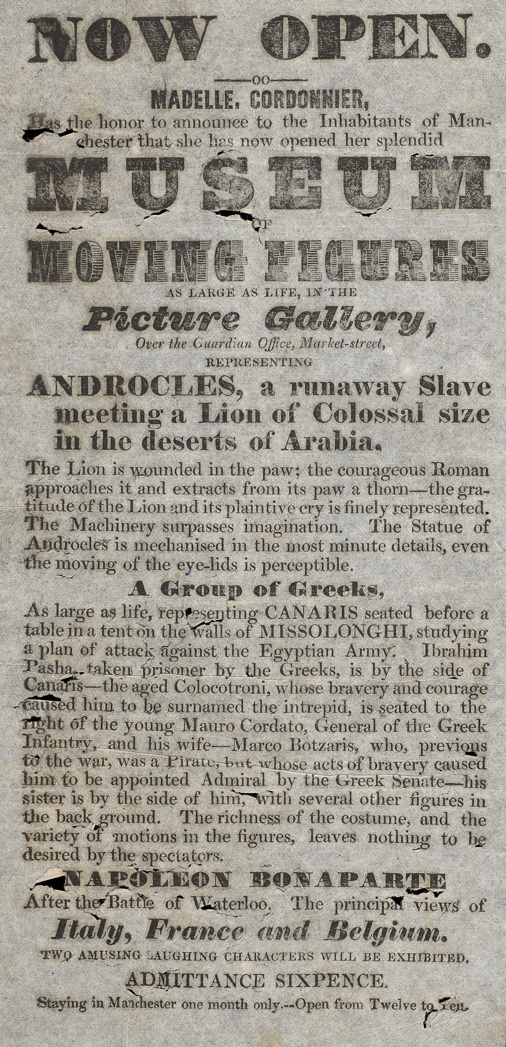 1839 Manchester handbill advertising a display of automata, including Androcles and the lion, a group of Greeks and Napoleon.