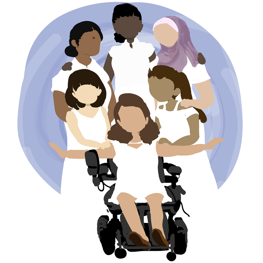 A graphic depiction of 7 women with both visible and invisible disabilities, all of different racial/ethnic backgrounds.