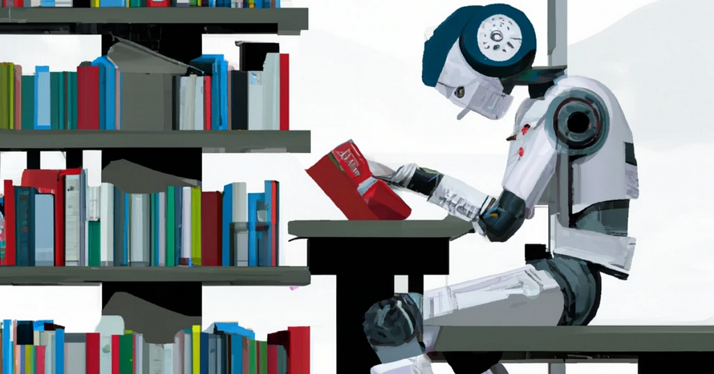 A Robot sitting in a library reading a physical book
