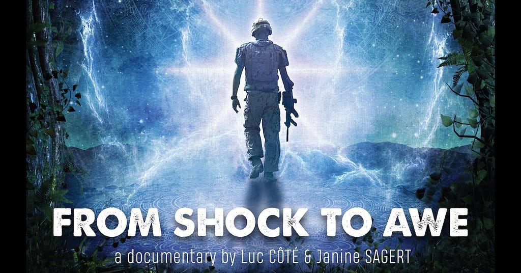 From Shock To Awe promo image showing a soldier walking into an energetic force away from the battlefield.