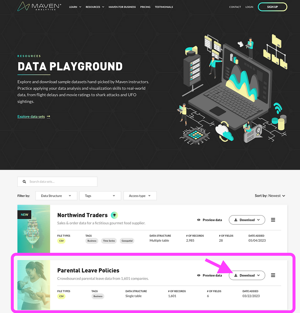 The Maven Analytics Data Playground, illustrating how to get the data set to follow along.