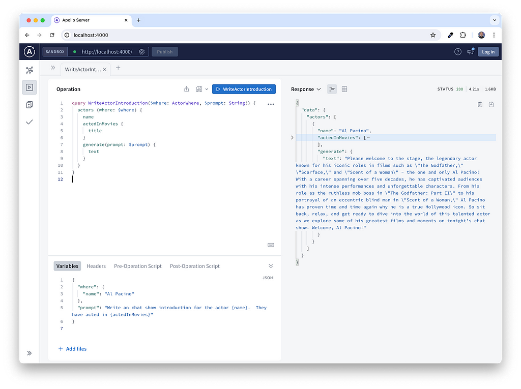 Query: query WriteActorIntroduction($where: ActorWhere, $prompt: String!) { actors (where: $where) { name actedInMovies { title plot } generate(prompt: $prompt) { text } } }