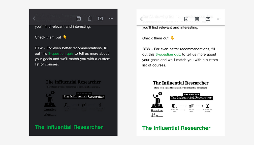 On the left there is an example of the Maven Newsletter in dark mode, and on the right there is an example of the Maven Newsletter in light mode