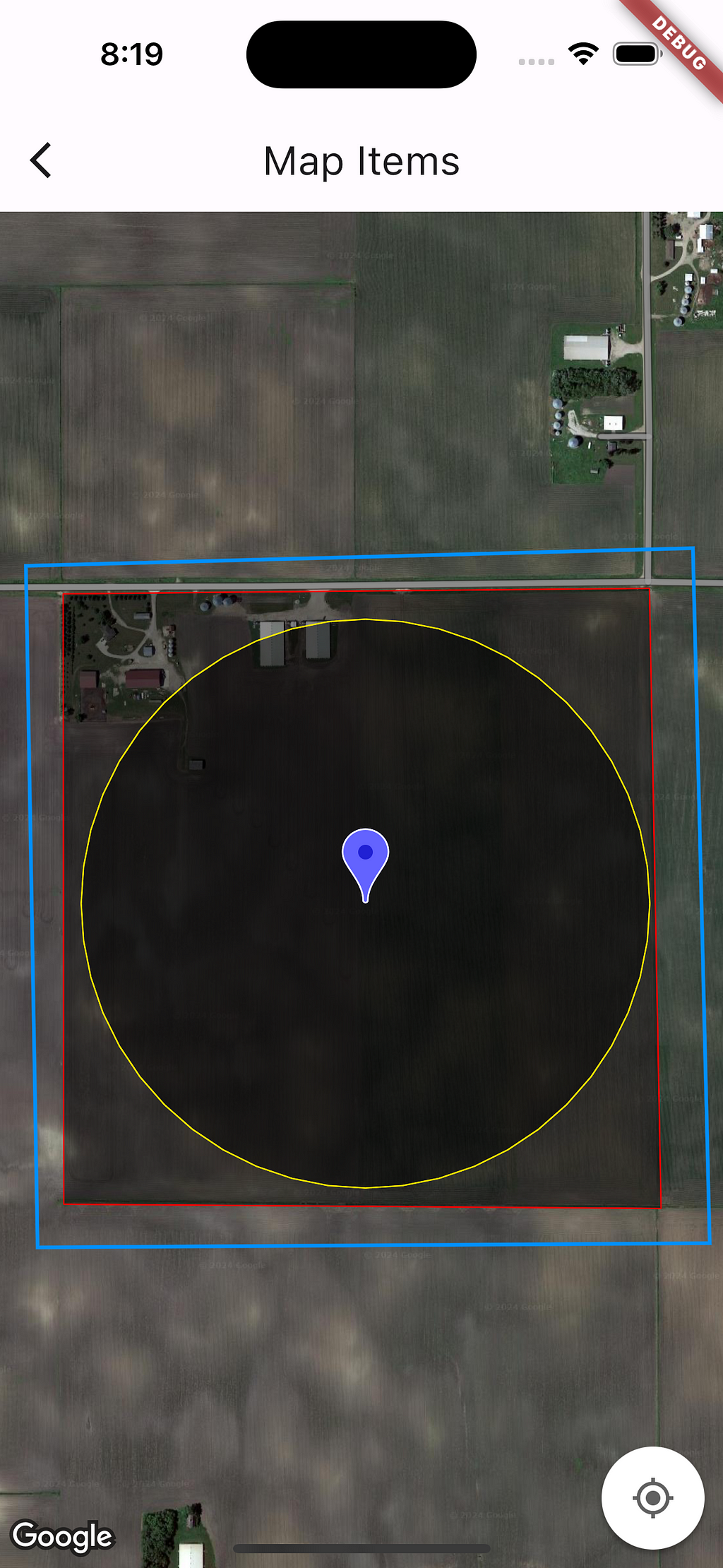 A screenshot of a map open on a smartphone. The map is showing satellite image of a farm in Northern part of USA. A line, a polygon, a circle and a marker are drawn on the map. The Polygon has four sides, each side colour is red and the polygon’s fill colour is translucent black. The colour of the line is sky blue. The colour of the circle is yellow and it is filled with translucent black colour. The colour of the marker is purple.