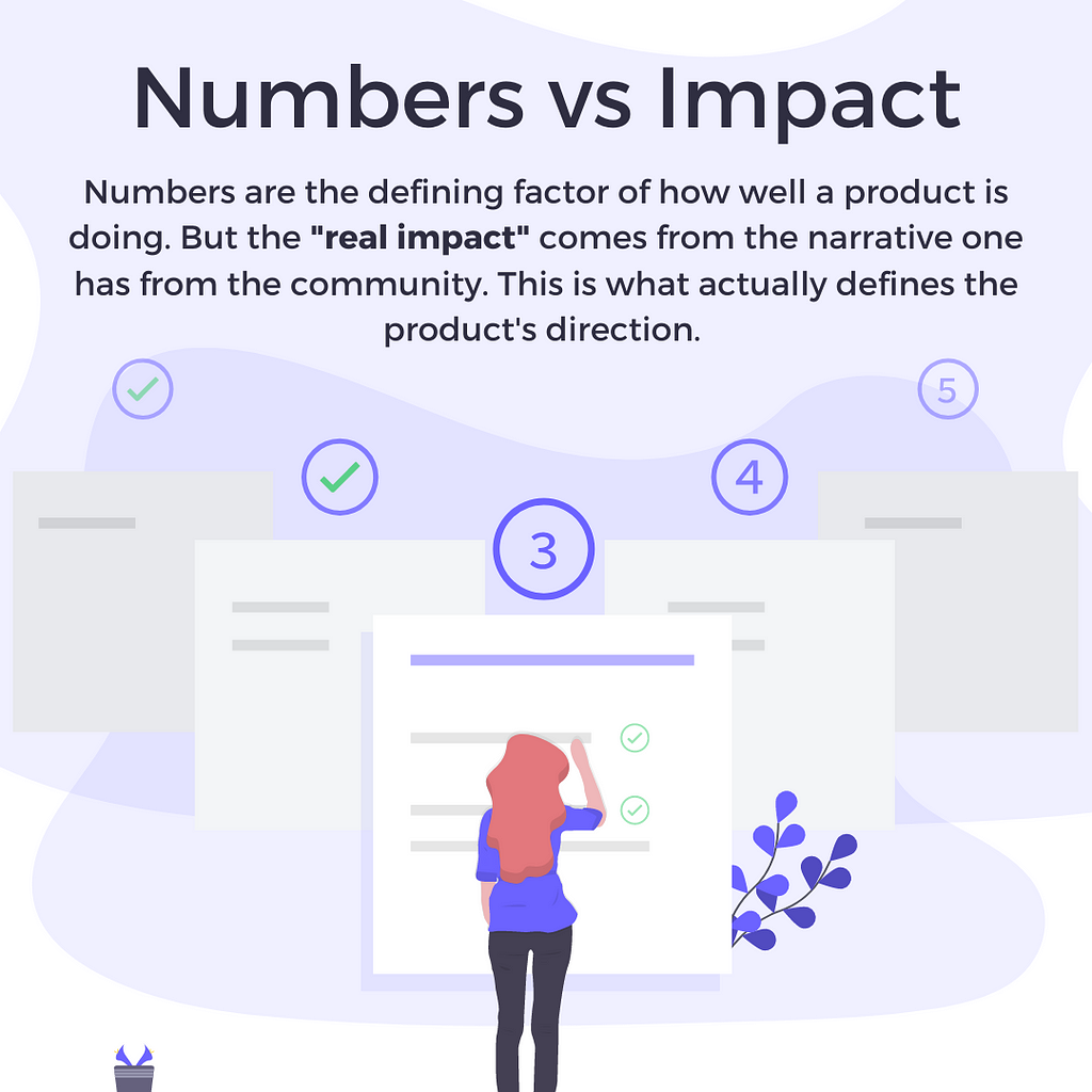 Numbers vs Impact. The real “impact” comes from the narrative one has from the community.