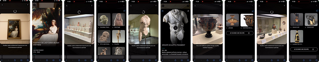 A collage of screenshots from the MAH Webapp, showcasing various artworks and artifacts within the museum’s collection. The GEED webapp interface includes images recognition and camera icons for scanning items, with brief overlay texts providing guidance on optimal image capture for recognition.