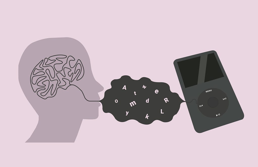 Illustration of a cloud bubble of English letters between the silhouette of a person and an Apple iPod — representing communication between the person and the iPod.