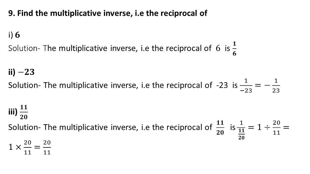 multiplicative inverse or reciprocal of rational numbers questions answers