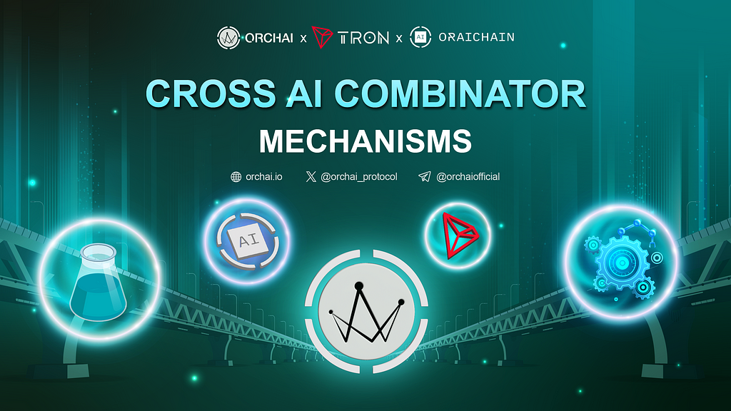 A banner, with title of the article in the middle with links to Orchai’s website, X account & Telegram channel, and then the images showing the Orchai bridge between Oraichain and JustLend DAO, gears and Combinator