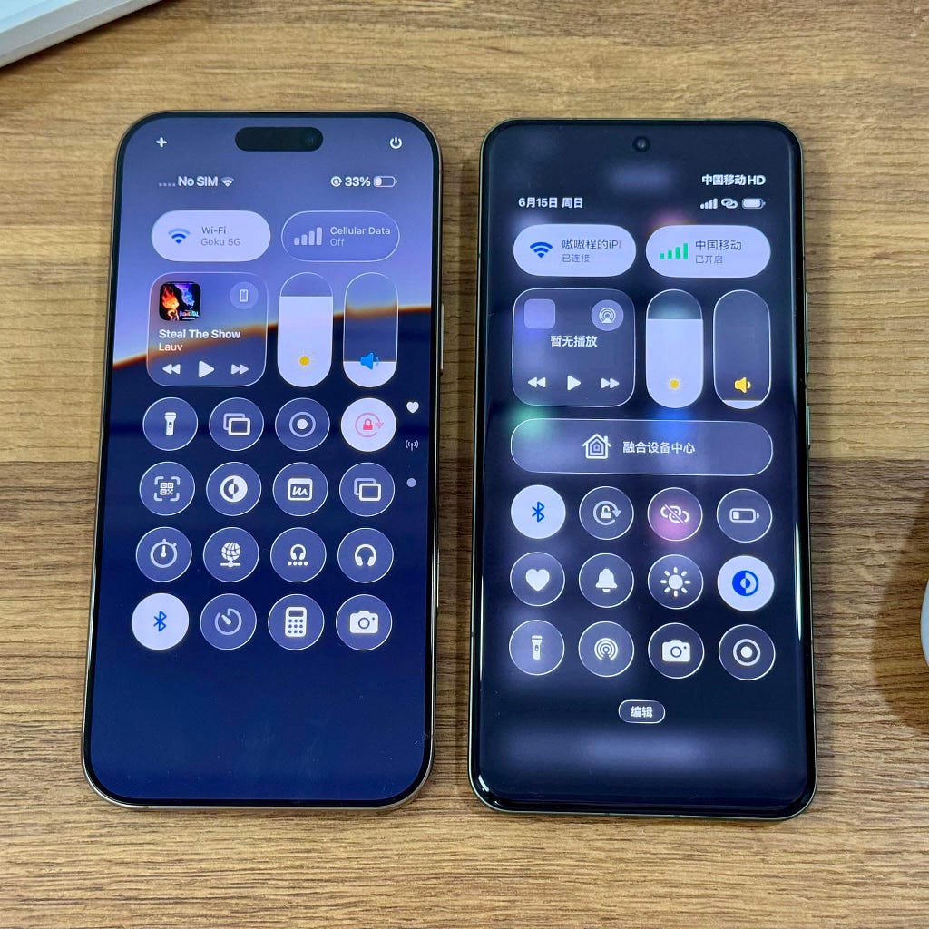 Two smartphones side by side showing nearly identical control center interfaces, one running iOS and the other a heavily customized Android skin mimicking iOS design.