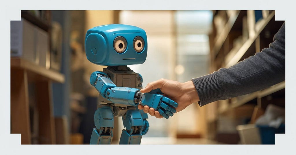 A friendly blue AI robot shaking hands with a human, symbolizing collaboration between people and artificial intelligence.