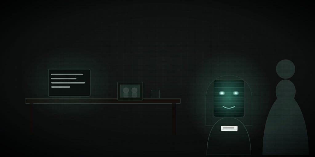 A dark office. A glowing monitor sits mid-sentence on a desk beside a small framed family photo in which the faces are blank. A faint human silhouette is fading away to the right while a screen-faced figure, wearing a badge with the company’s name, lowers itself into the empty chair.