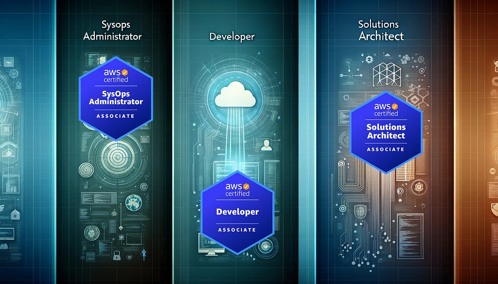 Picture of 3 associate level AWS certifications: Solution Architect Associate, Developer Associate and SysOps Administrator Associate.