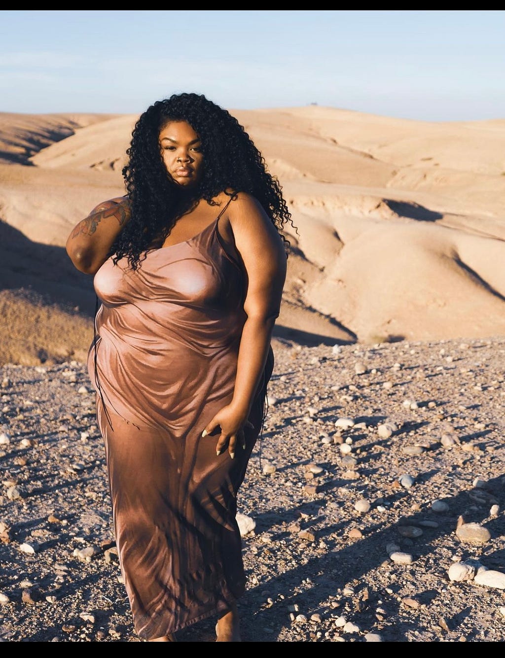 Black feminist scholar Sesalie Bowens standing behind a brown desert with a brown/pink dress to match