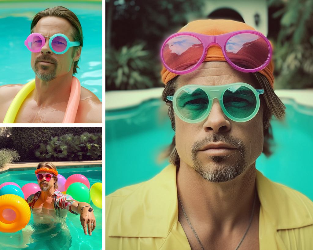 Colorful AI-generated image of Brad Pitt in a pool with sunglasses and pool floaties, created using Midjourney
