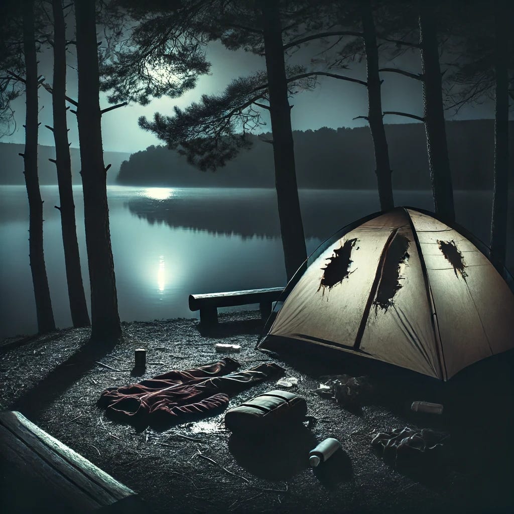 A dark, eerie night scene at a campsite by the lake. The tent is slashed from the outside, and there are scattered personal items around.
