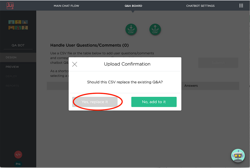 Upload the Q&A csv file to your project in Juji AI Chatbot platform