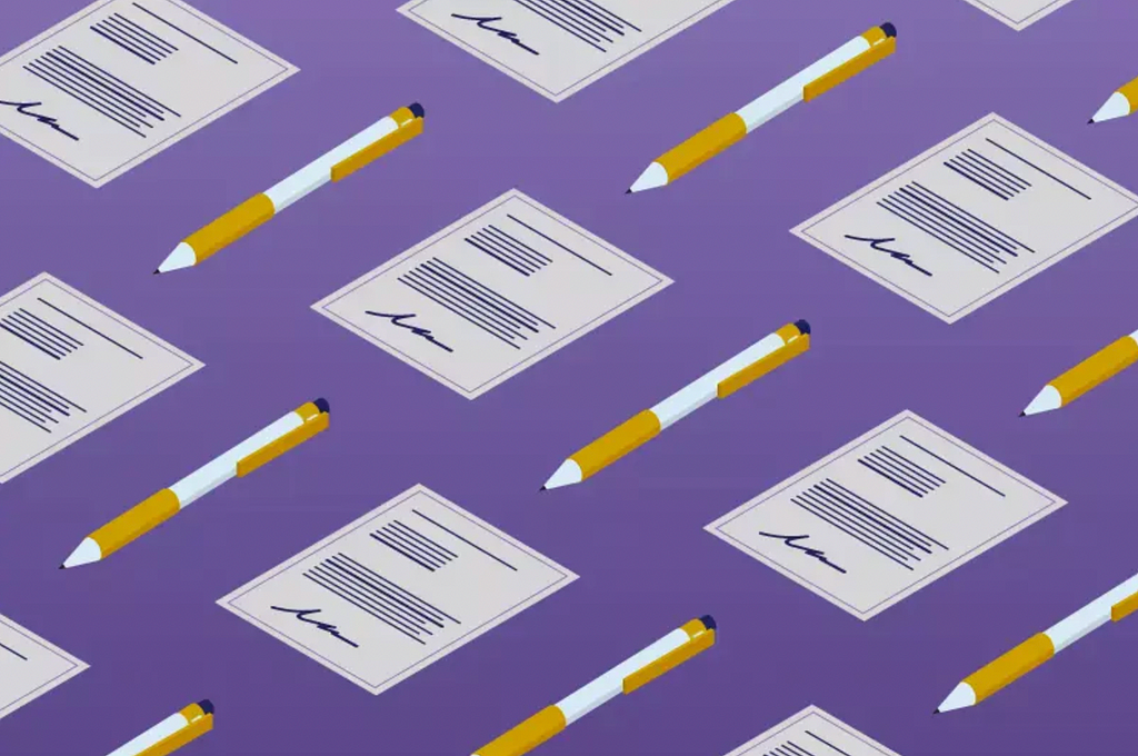 «Що таке електронний підпис»: патерн з графічно зображеними олівцем і листком паперу з написами