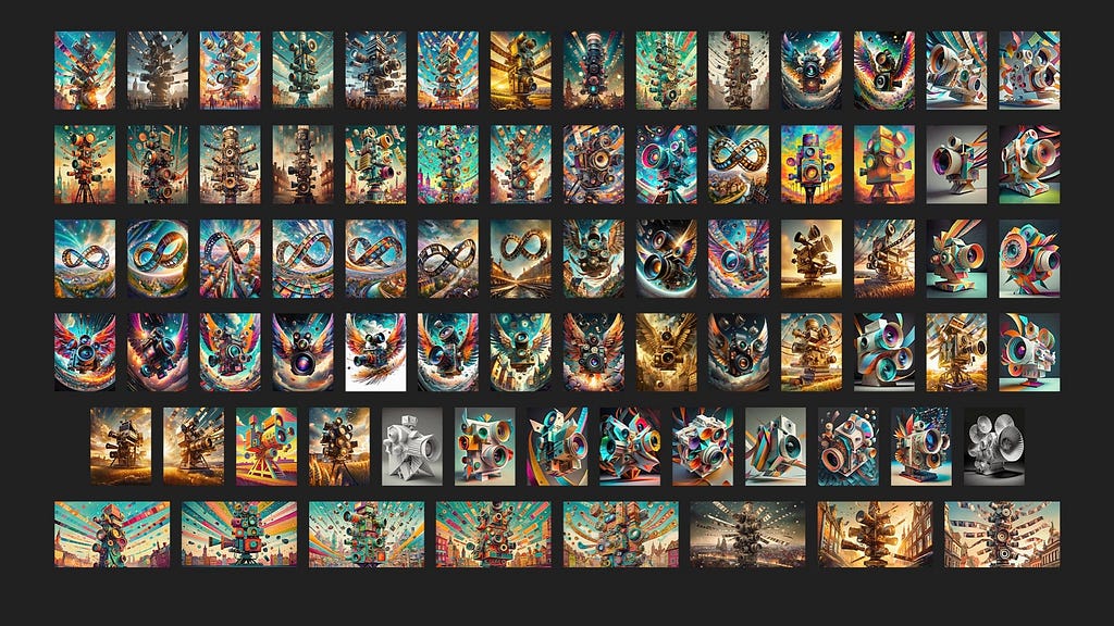 A screenshot of 77 thumbnail images, against a black background, of various types of cameras, mobius strips formed of endless cycles of films, multiple lenses creating multiple frames of reference, and cameras as totem attached to poles.