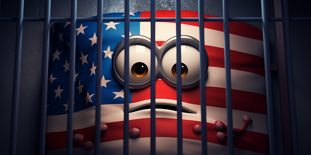 image of the US Flag as a Pixar character locked in a prison cell