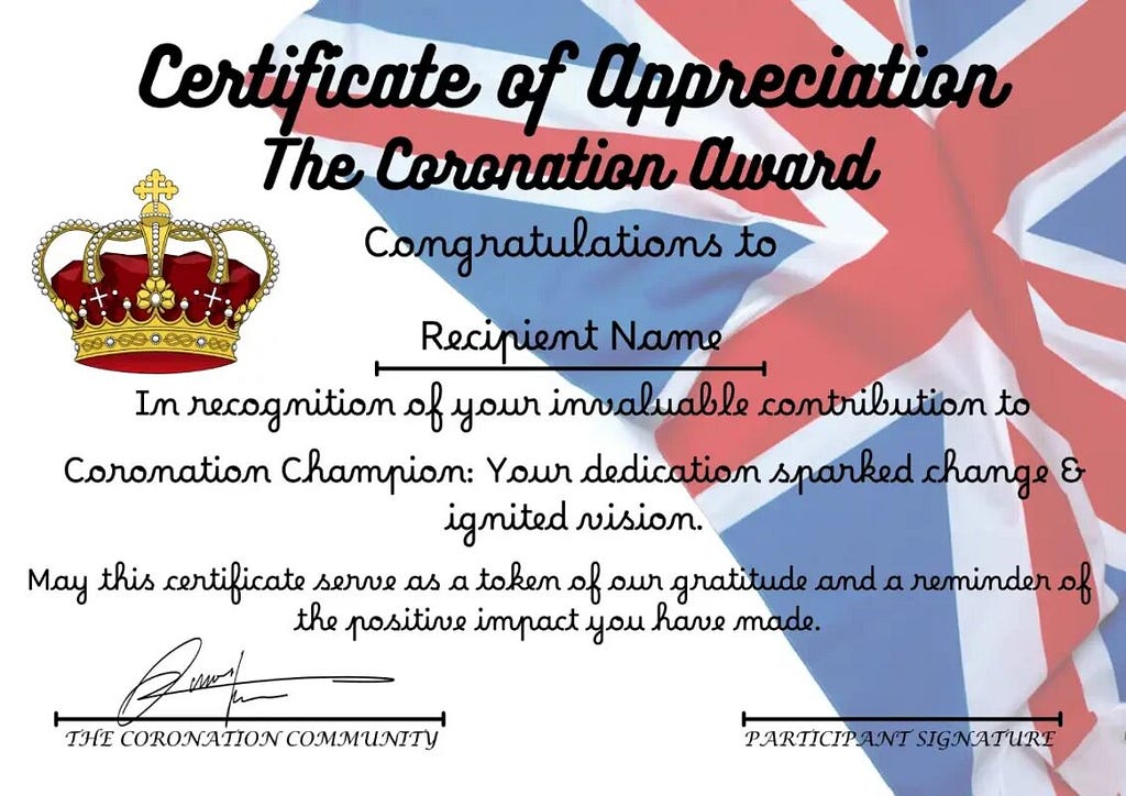 Coronation Appreciation Award Certificate with UK Flag