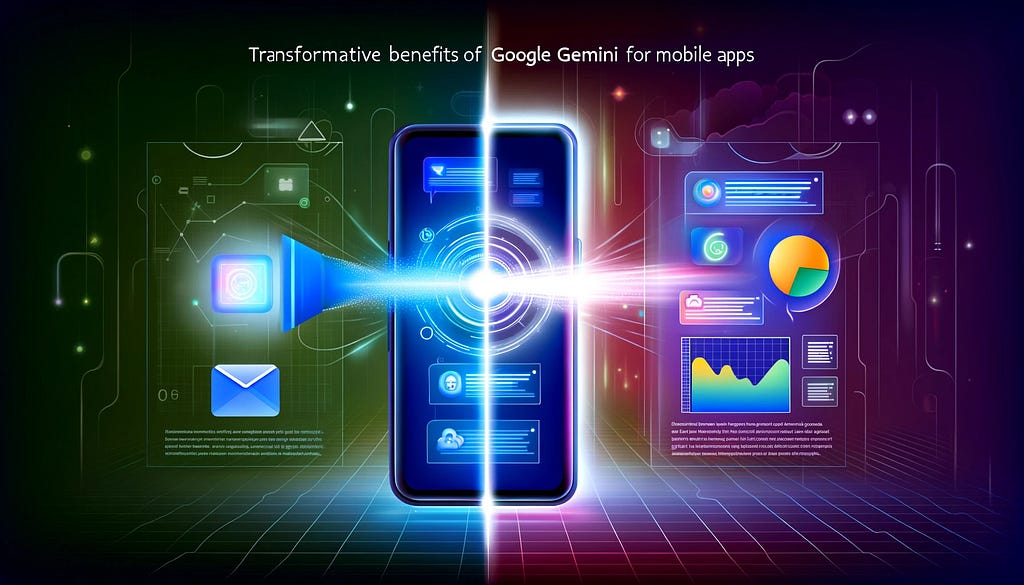 An illustration capturing the transformative benefits of Google Gemini for mobile apps, featuring a split scene.